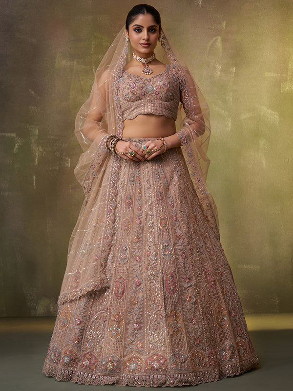 Beige Net Semi-Stitched Lehenga Choli