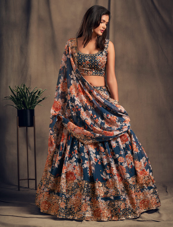 Blue Floral Embroidered Organza Lehenga Choli