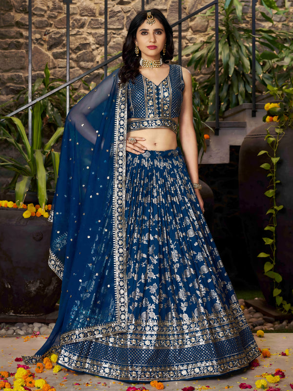 Blue Dola Silk Jacquard Sequins Lehenga Choli