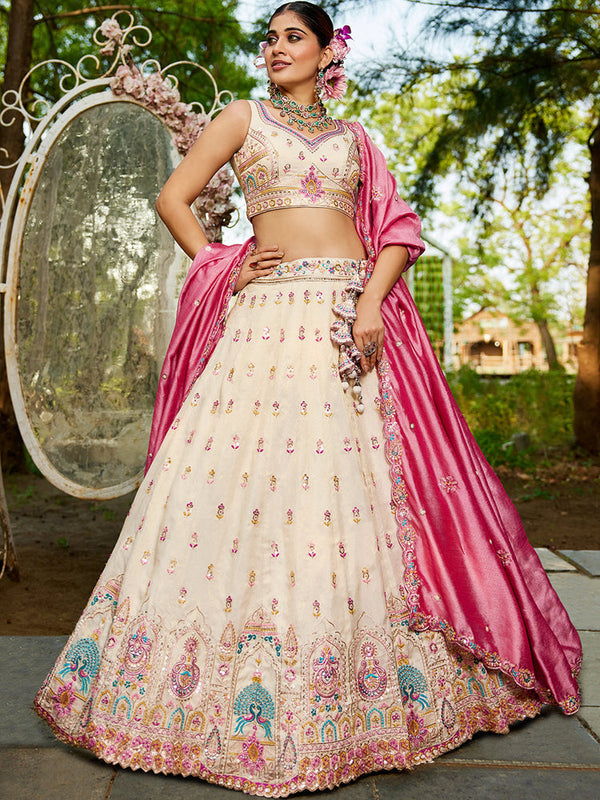Cream Bridal Tissue Lehenga for Wedding