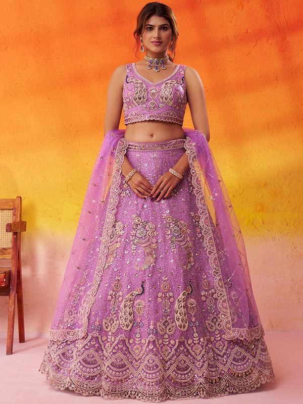 Mauve embroidered net lehenga choli for women with heavy embroidery work, designer Indian bridal wedding lehenga with dupatta