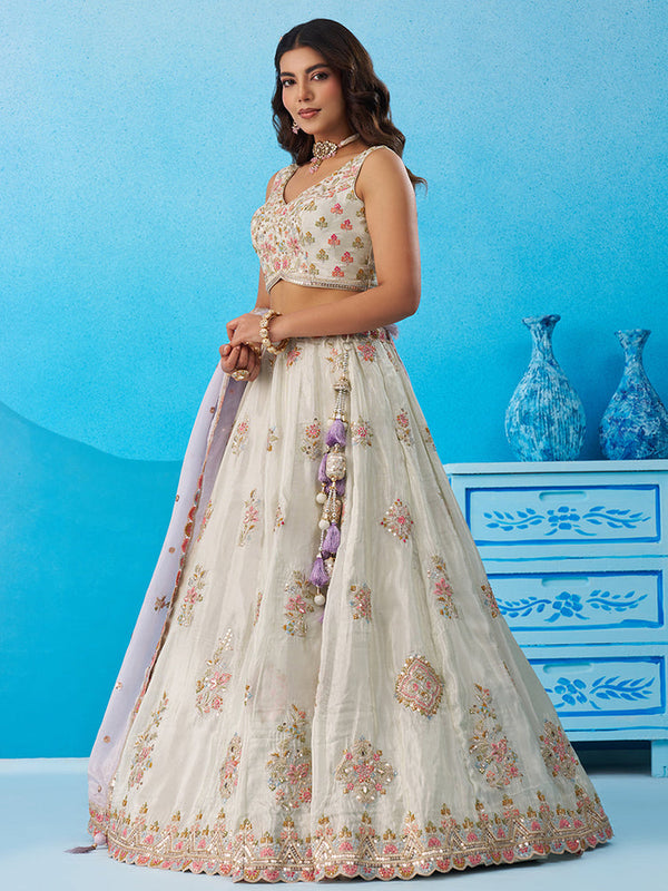 Designer Pista Tissue Embroidered Lehenga Choli
