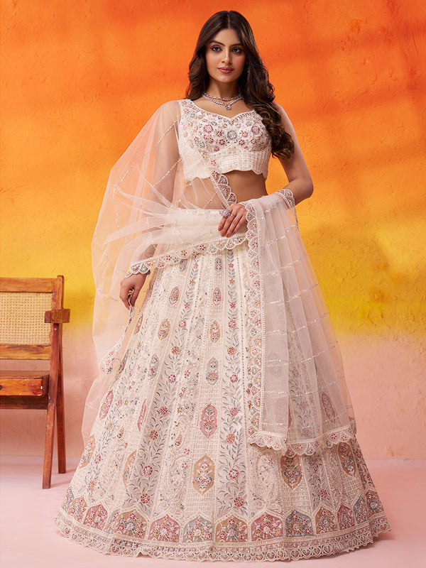 Lime green embroidered net lehenga choli with dupatta