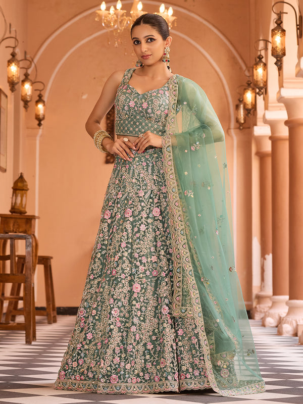 Lime green net embroidered lehenga choli for women with designer embroidery work, Indian wedding and festive wear outfit