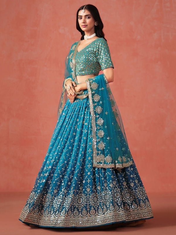 Rama Blue Embroidered Georgette Lehenga Choli