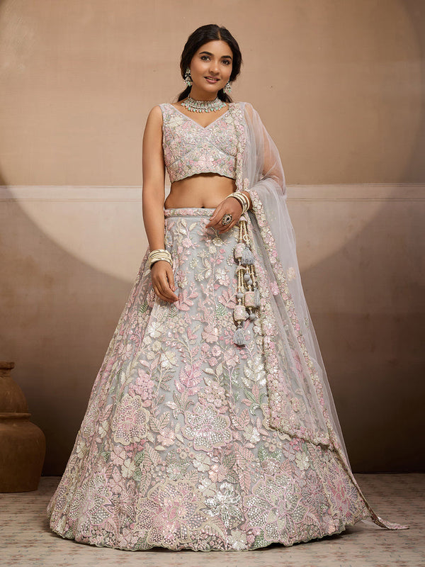 Grey Bridal Net Lehenga Choli with Dupatta