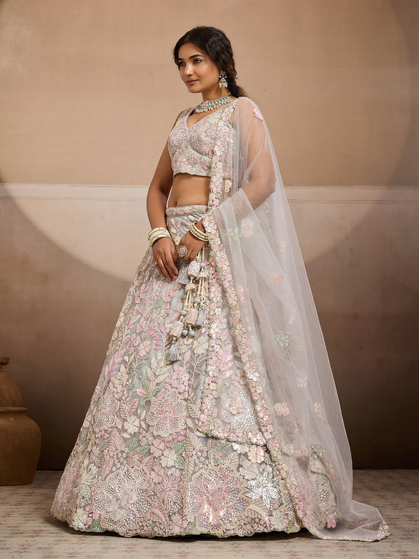 Grey Bridal Net Lehenga Choli with Dupatta