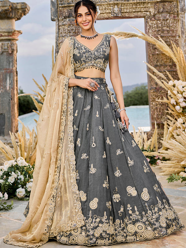 Grey Designer Tissue Bridal Lehenga Choli