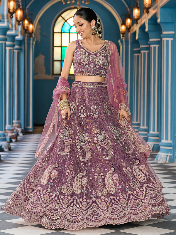 Lavender Bridal Net Lehenga Choli – Heavy Embroidered Wedding Wear