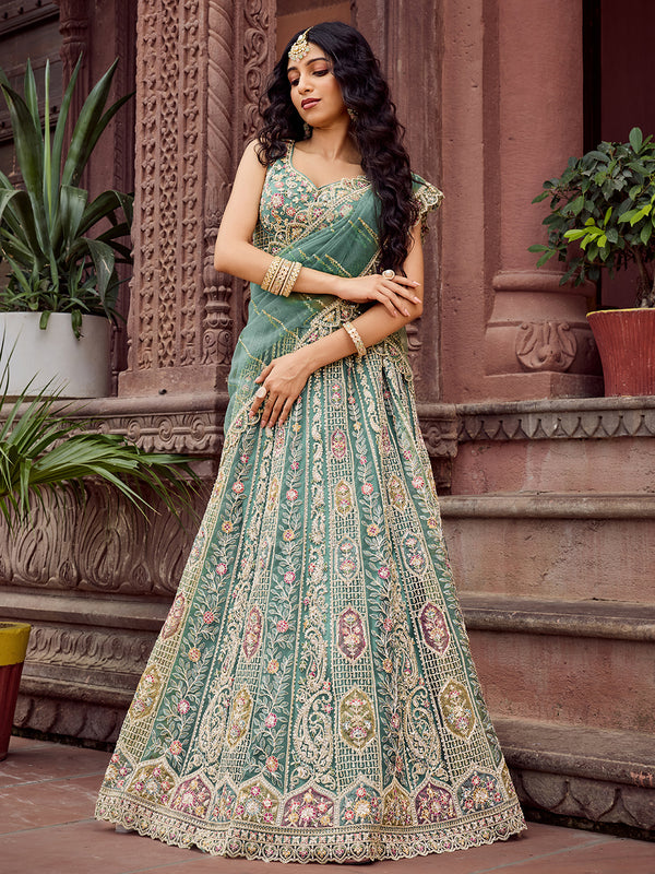 Lime Green Net Lehenga Choli for Wedding