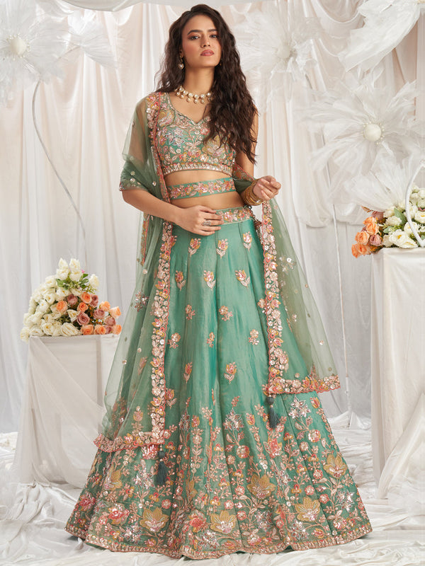 Lime Green Organza Bridal Lehenga Choli