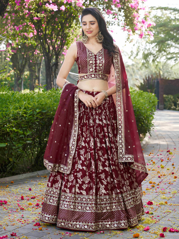 Maroon Dola Silk Jacquard Embroidered Lehenga Choli