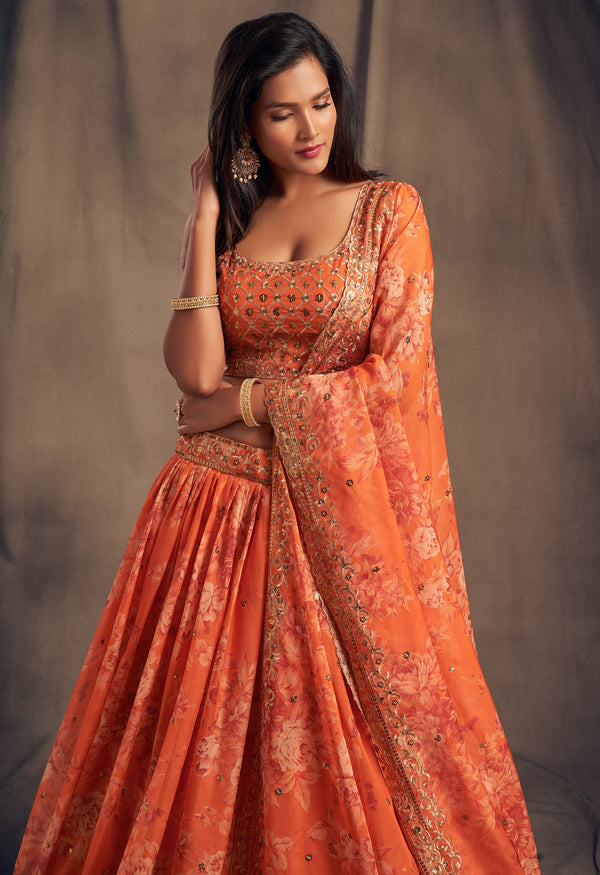 Orange Floral Wedding Guest Lehenga Choli
