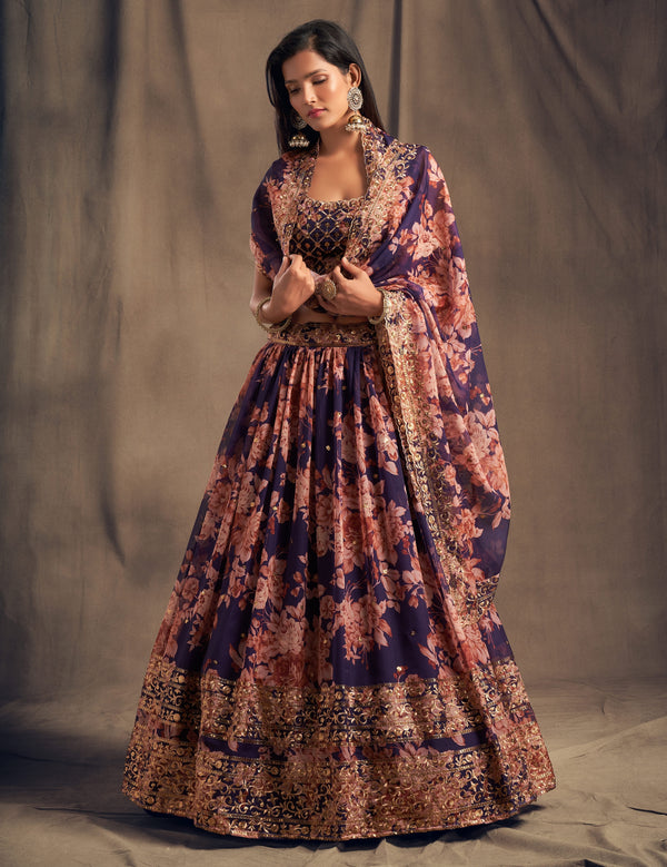 Designer Purple Floral Organza Lehenga for Women
