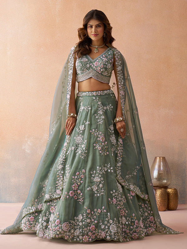 Sea Green Bridal Lehenga with Beads Embroidery