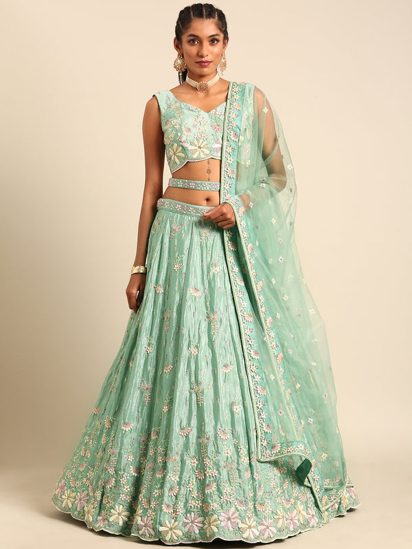 Seagreen Sequins Zarkan Embroidered Georgette Lehenga Choli