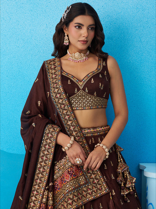 Coffee Brown Chinnon Silk Embroidered Lehenga Choli