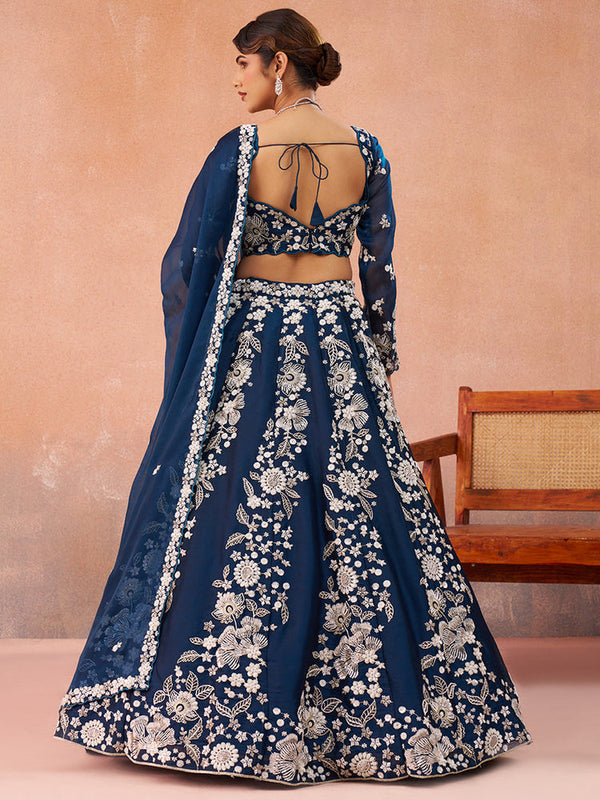 Blue Organza Sequins Wedding Lehenga Choli
