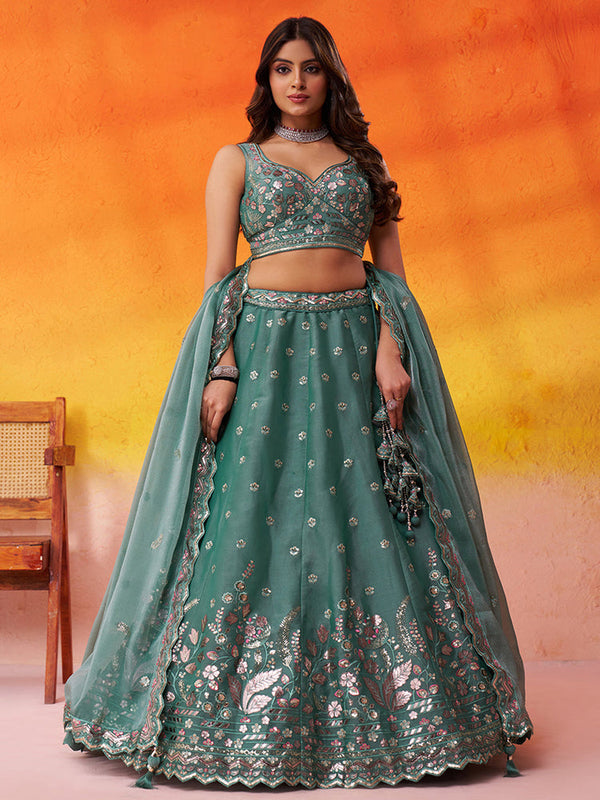 Green Traditional Organza Lehenga for Women