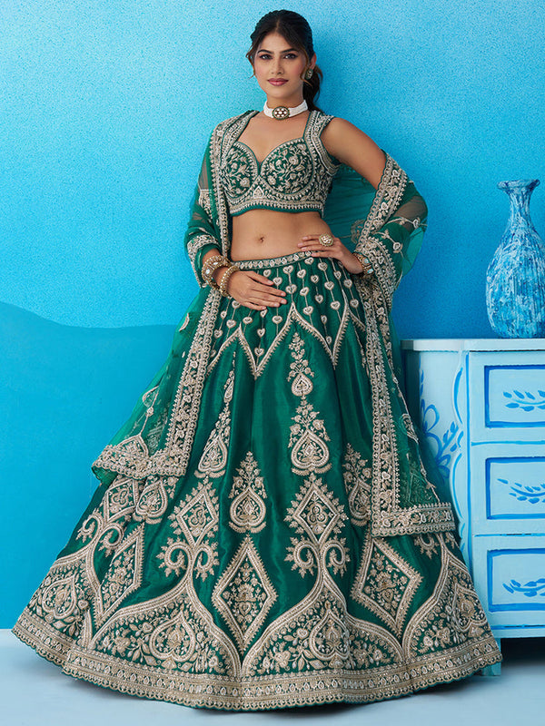 Green Ethnic Silk Lehenga Choli with Beads Work