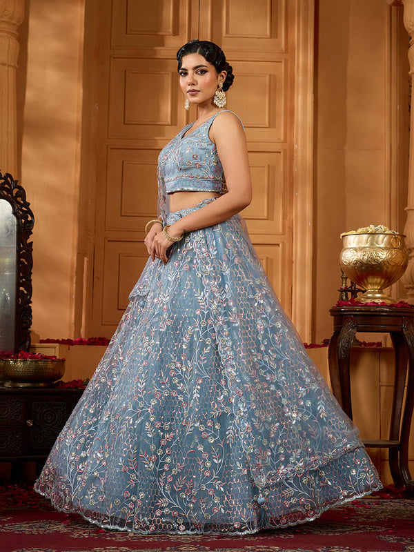 Grey Festive Designer Net Lehenga for Women