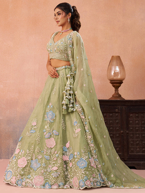 Lime Green Festive Embroidered Lehenga for Women
