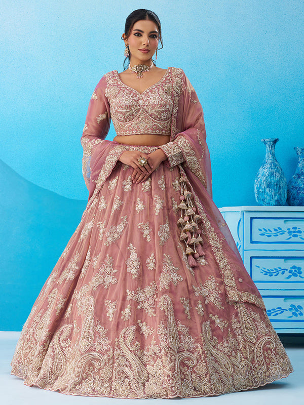 Pink Semi-Stitched Lehenga with Beads Embroidery