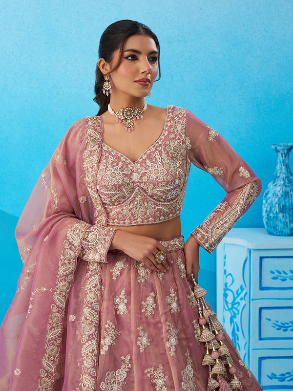 Pink Semi-Stitched Lehenga with Beads Embroidery