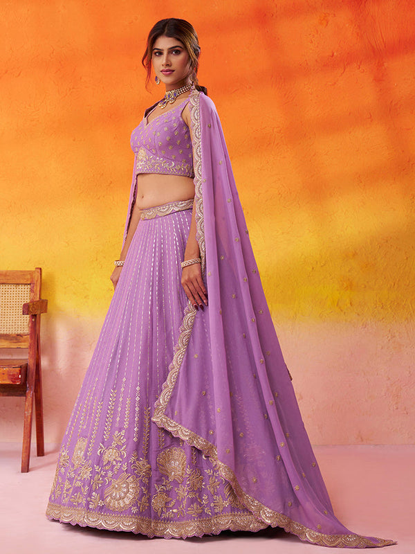Purple Heavy Embroidered Tissue Silk Lehenga Choli