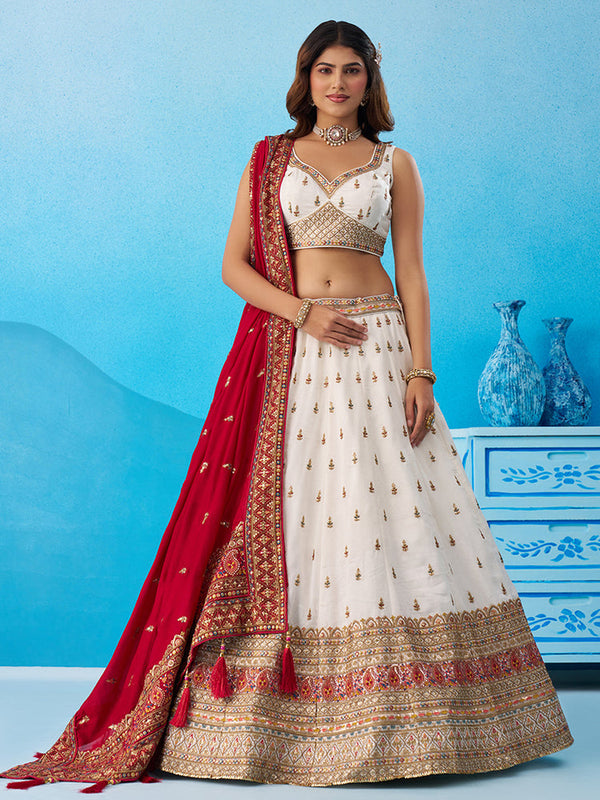 White Cream Chinnon Silk Party Wear Lehenga Choli