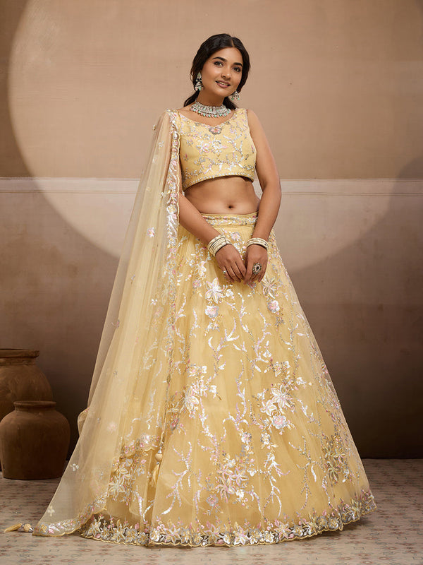 Yellow Net Indian Wedding Lehenga Choli for Women