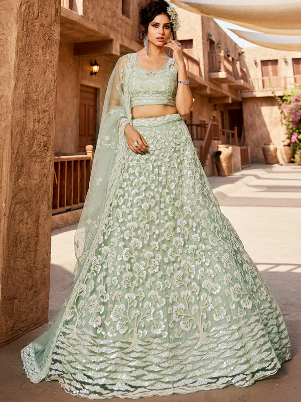 Lime Green Embellished Net Lehenga Choli – Designer Ethnic Wear