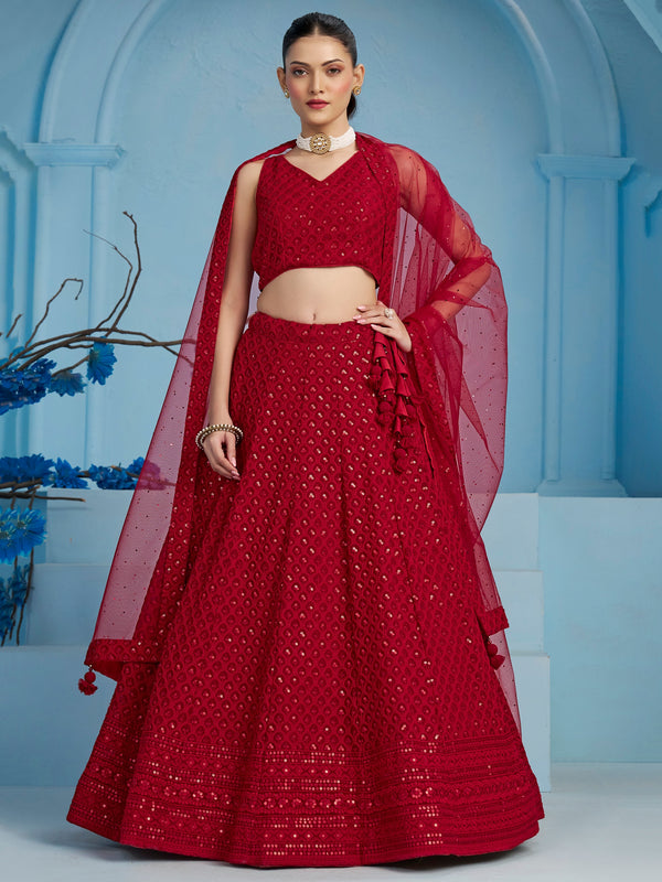 Red Sleeveless Lehenga Choli Set