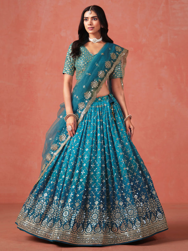 Teal Blue Ombre Georgette Lehenga Choli