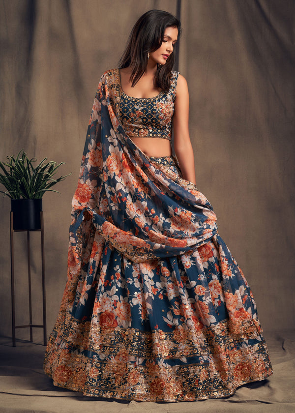 Blue Elegant Floral Lehenga Set for Women