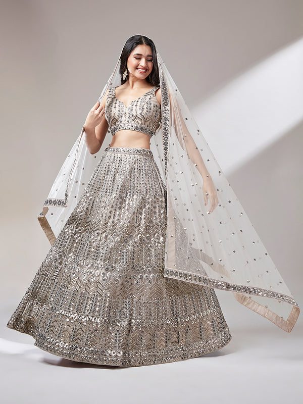 Beige Mirror & Sequins Embroidered Net Lehenga Choli
