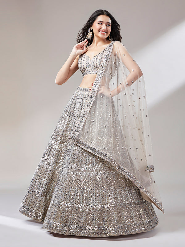 Beige Mirror & Sequins Embroidered Net Lehenga Choli