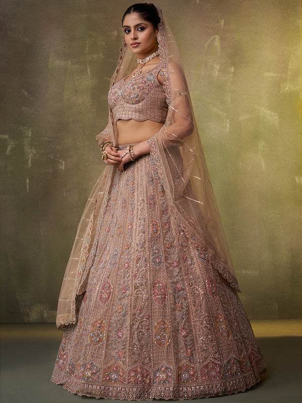 Beige Net Semi-Stitched Lehenga Choli