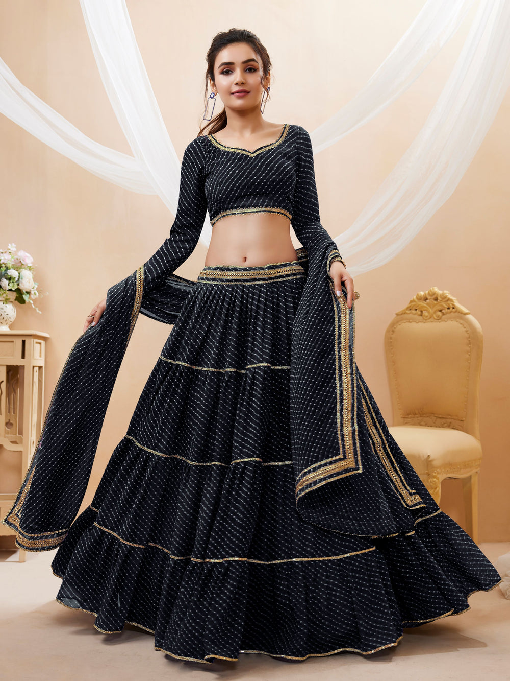blue leheriya printed georgette lehenga choli for women