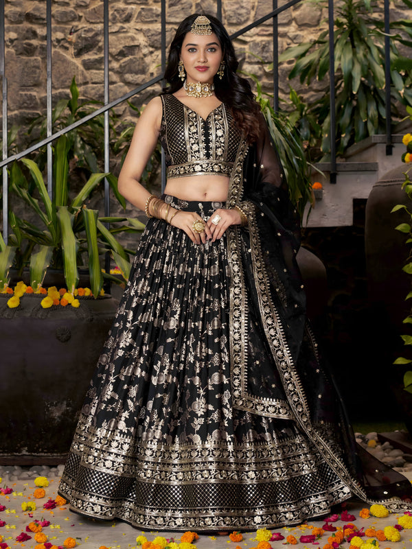 Black Dola Silk Jacquard Embroidered Lehenga Choli