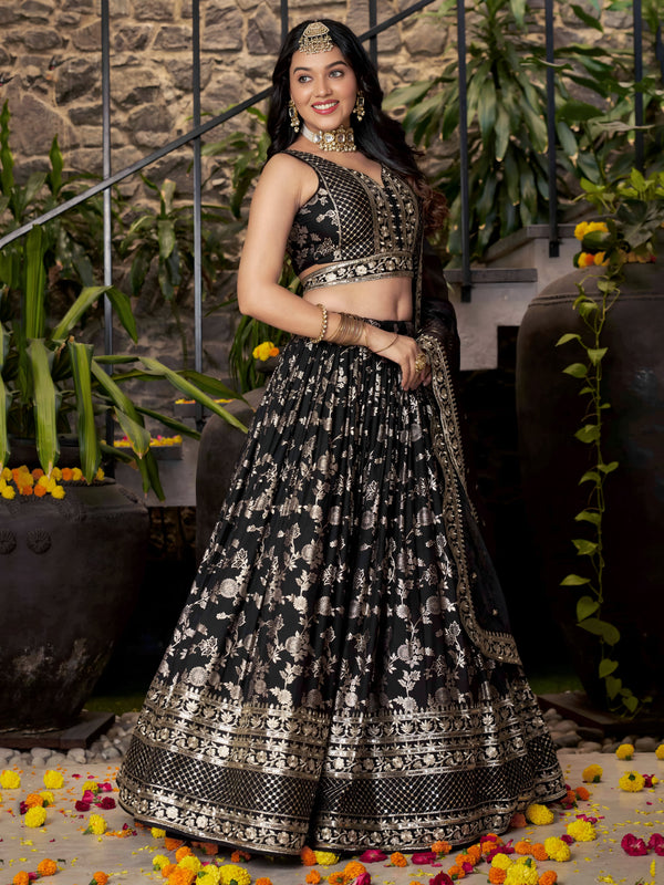 Black Dola Silk Jacquard Embroidered Lehenga Choli