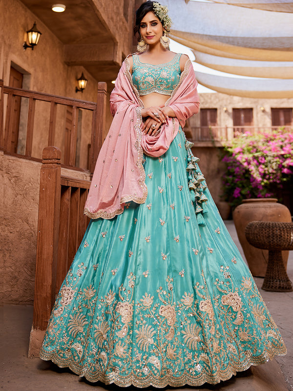 Blue Indian Silk Lehenga Choli for Bridal