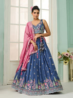 blue silk fabric sequins embroidered semi stitched lehenga choli with dupatta