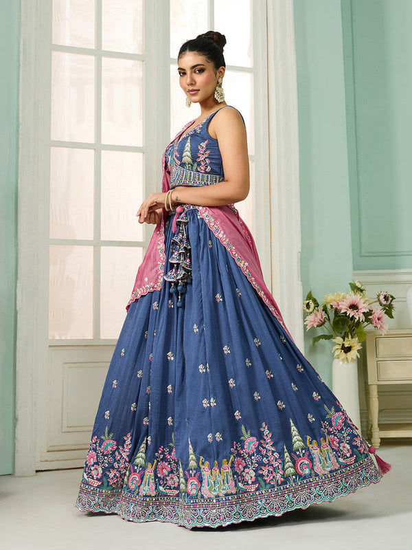 Blue Heavy Embroidered Silk Bridal Lehenga Choli