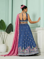blue party wear silk lehenga with embroidered dupatta