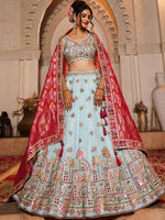 teal tissue lehenga choli with sequins embroidery for wedding