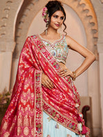 teal tissue lehenga choli with sequins embroidery for wedding