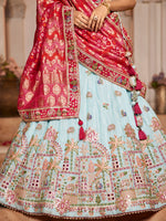 teal tissue lehenga choli with sequins embroidery for wedding