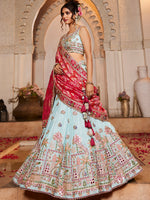 teal tissue lehenga choli with sequins embroidery for wedding