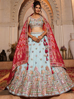 teal tissue lehenga choli with sequins embroidery for wedding